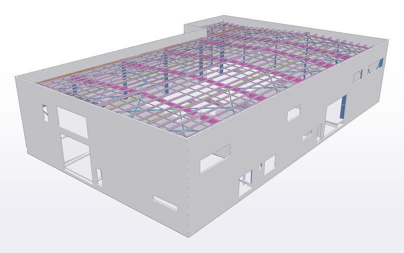 3D model view of a multi-level commercial steel frame with precast walls