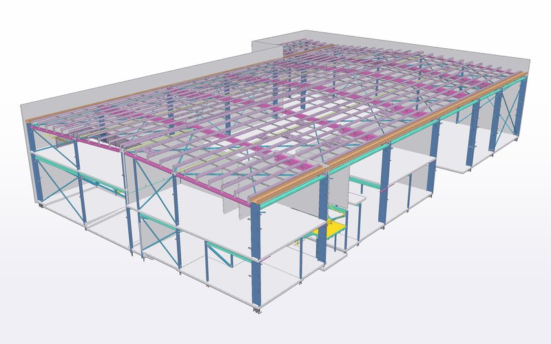 Cutaway 3D model view showing the structural steel frame inside precast walls