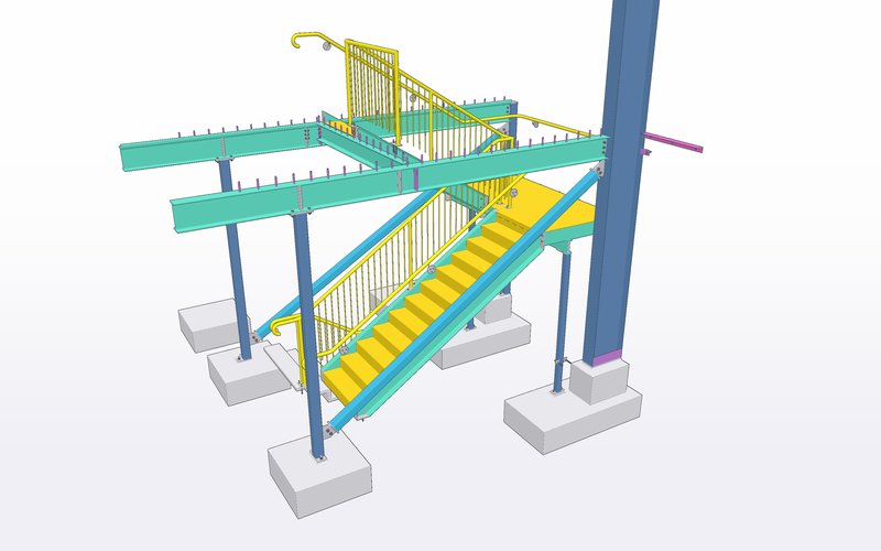 3D model view of internal steel stair and mezzanine framing