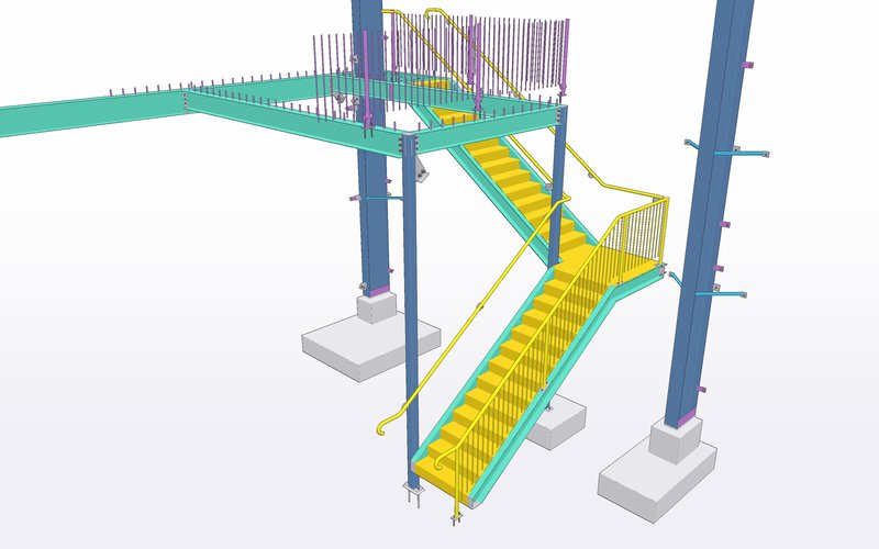 3D model detail of steel stair, landing platform and connections