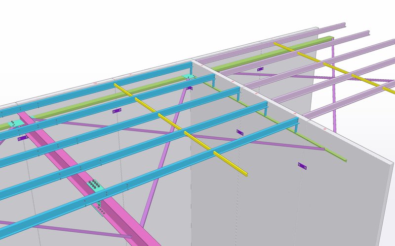 Close-up 3D model view of steel roof beams connecting to precast panel tops