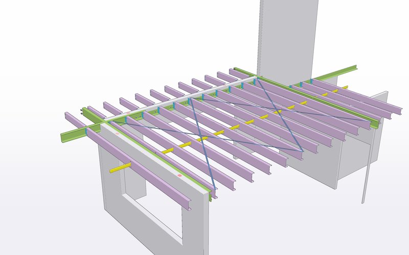 3D model view of steel mezzanine floor joists and bracing on precast panels