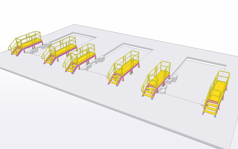 3D model view of a set of mobile steel stair access platforms