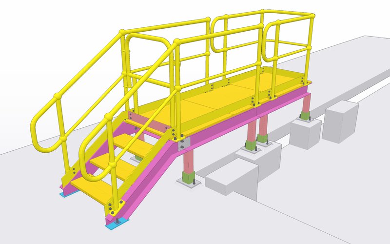 3D model view of a mobile steel stair platform with handrails