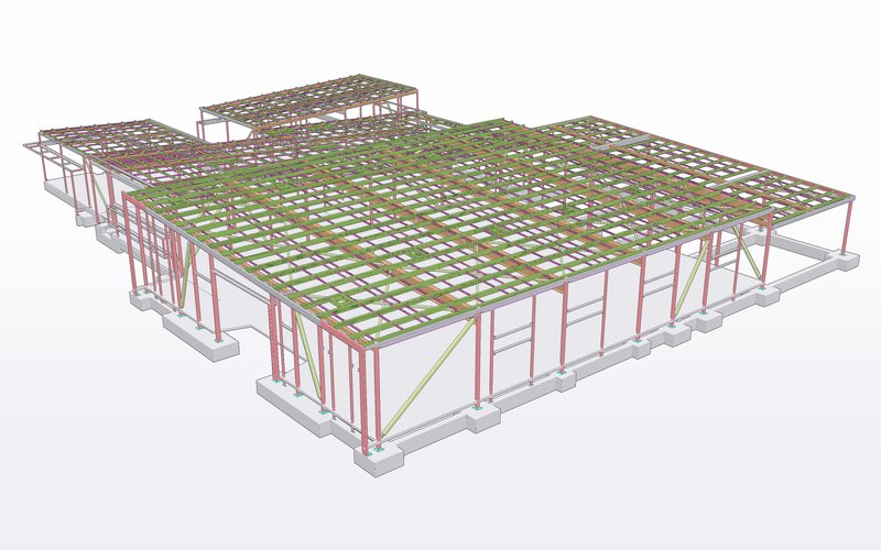 Tekla model of a single-storey commercial structural steel frame