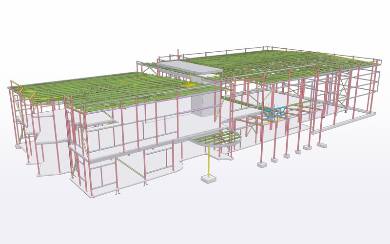 Perspective 3D model view of an education building structural steel frame