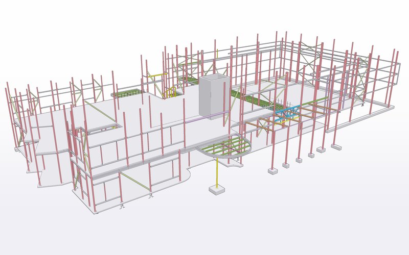Cutaway 3D model view of the education building steel frame and floor framing