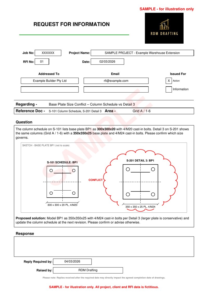 Sample RFI on RDM’s one-page template, showing a fictitious base plate size conflict with a marked-up sketch (sample for illustration only)