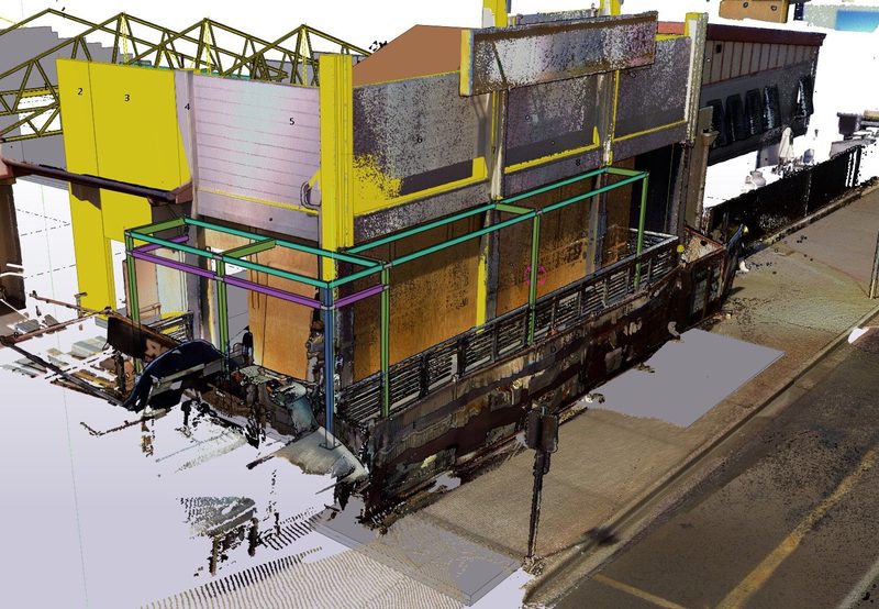 Laser scan point cloud of existing conditions overlaid with a Tekla Structures model of new steelwork