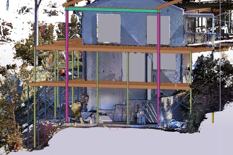 Laser scan point cloud of existing conditions overlaid with a Tekla Structures model of new steelwork